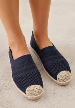 Granatowe Espadryle z Plecioną Cholewką przed Kostkę Mokosa