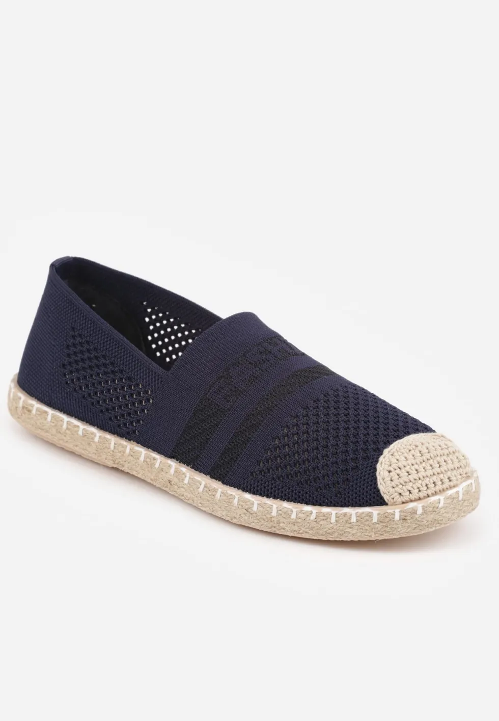 Granatowe Espadryle z Plecioną Cholewką przed Kostkę Mokosa