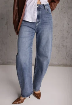Granatowe Jeansy Barrel Leg High Waist z Bawełny Tinamist
