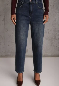 Granatowe Jeansy Mom Fit z Bawełną o Klasycznym Fasonie z Gumką w Pasie Violante