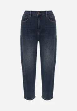 Granatowe Jeansy Mom Fit z Bawełną o Klasycznym Fasonie z Gumką w Pasie Violante
