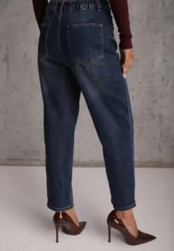 Granatowe Jeansy Mom Fit z Bawełną o Klasycznym Fasonie z Gumką w Pasie Violante