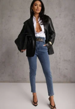 Granatowe Jeansy Mom Fit z Paskiem Astera