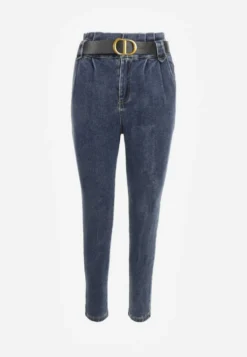 Granatowe Jeansy Mom Fit z Paskiem Astera