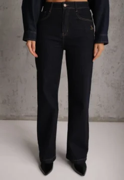 Granatowe Jeansy Straight Leg Regular Waist Bogate w Bawełnę Giovantta