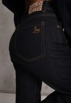 Granatowe Jeansy Straight Leg Regular Waist Bogate w Bawełnę Giovantta