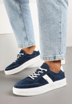 Granatowe Sneakersy Skórzane z Metaliczną Ozdobą Astevin