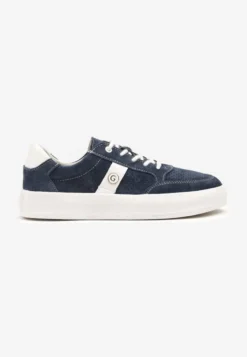 Granatowe Sneakersy Skórzane z Metaliczną Ozdobą Astevin