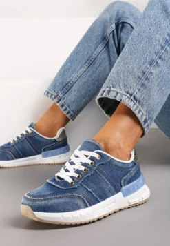 Granatowe Sneakersy z Jeansowego Materiału ze Złotymi Wstawkami i Ozdobnymi Przeszyciami Anilema
