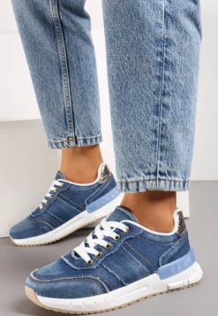 Granatowe Sneakersy z Jeansowego Materiału ze Złotymi Wstawkami i Ozdobnymi Przeszyciami Anilema