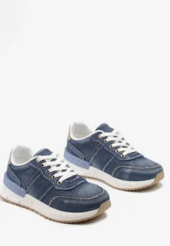 Granatowe Sneakersy z Jeansowego Materiału ze Złotymi Wstawkami i Ozdobnymi Przeszyciami Anilema