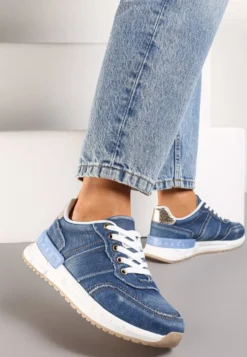 Granatowe Sneakersy z Jeansowego Materiału ze Złotymi Wstawkami i Ozdobnymi Przeszyciami Anilema