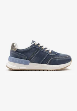 Granatowe Sneakersy z Jeansowego Materiału ze Złotymi Wstawkami i Ozdobnymi Przeszyciami Anilema