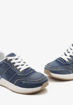 Granatowe Sneakersy z Jeansowego Materiału ze Złotymi Wstawkami i Ozdobnymi Przeszyciami Anilema
