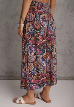 Granatowe Spodnie Culottes z Bawełnianej Tkaniny Ozdobione Wzorem Paisley Gwinamas