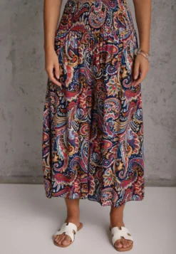 Granatowe Spodnie Culottes z Bawełnianej Tkaniny Ozdobione Wzorem Paisley Gwinamas