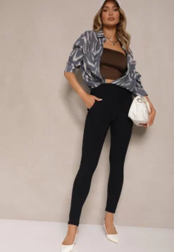 Granatowe Spodnie Skinny High Waist z Gumką w Talii Ivelbia