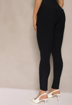 Granatowe Spodnie Skinny High Waist z Gumką w Talii Ivelbia