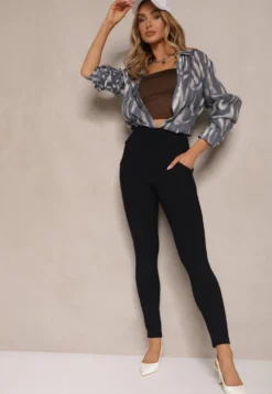 Granatowe Spodnie Skinny High Waist z Gumką w Talii Ivelbia