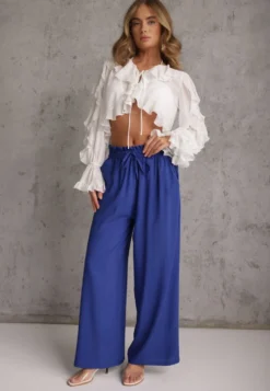 Granatowe Spodnie z Bawełny Typu Palazzo High Waist z Gumką w Talii Nelsaria
