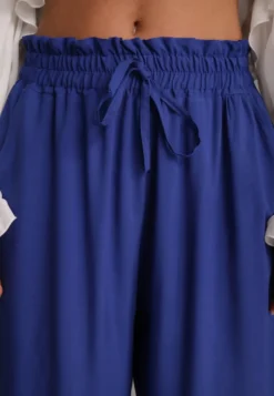 Granatowe Spodnie z Bawełny Typu Palazzo High Waist z Gumką w Talii Nelsaria