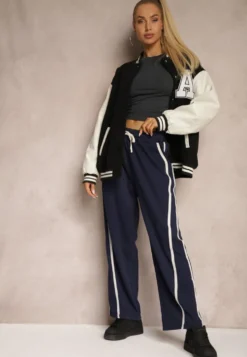 Granatowe Spodnie z Wiskozą High Waist o Szerokim Kroju Ozdobione Lamówką Lulora