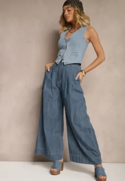 Granatowe Szerokie Jeansy z Bawełny High Waist Cohna