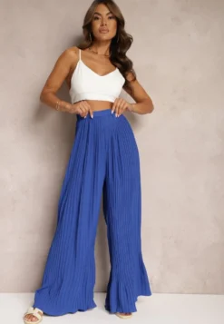 Granatowe Szerokie Spodnie z Plisami High Waist Mirealli
