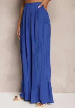 Granatowe Szerokie Spodnie z Plisami High Waist Mirealli
