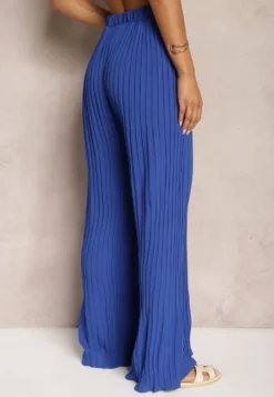Granatowe Szerokie Spodnie z Plisami High Waist Mirealli