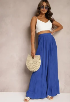 Granatowe Szerokie Spodnie z Plisami High Waist Mirealli