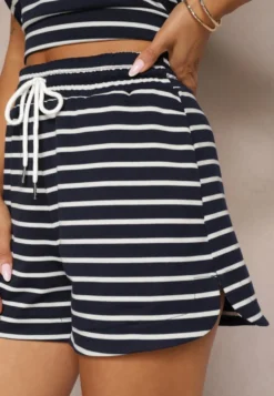 Granatowe Szorty Dresowe High Waist z Bawełny w Paski Ściągane Troczkiem Celisea