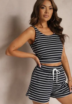 Granatowe Szorty Dresowe High Waist z Bawełny w Paski Ściągane Troczkiem Celisea