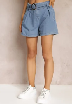 Granatowe Szorty High Waist z Bawełny Ozdobione Paskiem z Klamrą Dasslina