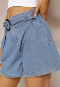 Granatowe Szorty High Waist z Bawełny Ozdobione Paskiem z Klamrą Dasslina