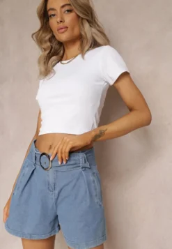 Granatowe Szorty High Waist z Bawełny Ozdobione Paskiem z Klamrą Dasslina