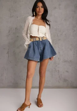 Granatowe Szorty Jeansowe High Waist z Bawełny z Elastycznym Paskiem Tinreia