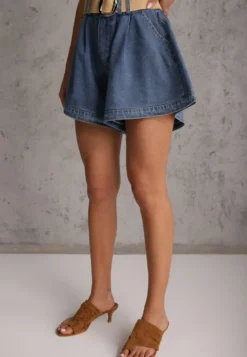 Granatowe Szorty Jeansowe High Waist z Bawełny z Elastycznym Paskiem Tinreia