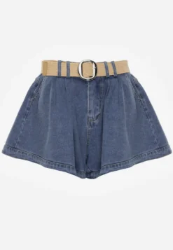 Granatowe Szorty Jeansowe High Waist z Bawełny z Elastycznym Paskiem Tinreia