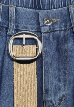 Granatowe Szorty Jeansowe High Waist z Bawełny z Elastycznym Paskiem Tinreia