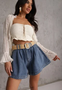Granatowe Szorty Jeansowe High Waist z Bawełny z Elastycznym Paskiem Tinreia