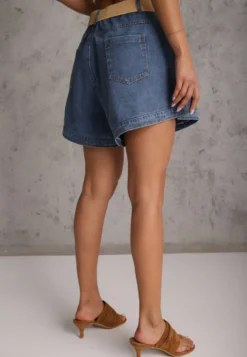 Granatowe Szorty Jeansowe High Waist z Bawełny z Elastycznym Paskiem Tinreia