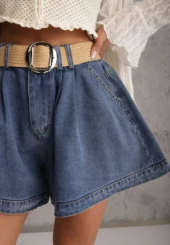 Granatowe Szorty Jeansowe High Waist z Bawełny z Elastycznym Paskiem Tinreia