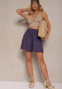 Granatowe Szorty z Bawełny High Waist Ozdobione Wiązaniem Selmio
