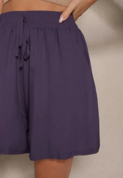 Granatowe Szorty z Bawełny High Waist Ozdobione Wiązaniem Selmio