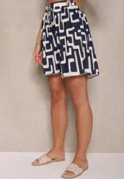 Granatowe Szorty z Wiskozy High Waist Ozdobione Geometrycznym Wzorem Lirazea