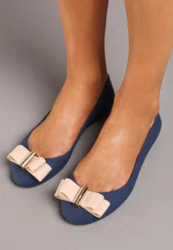 Granatowo-Beżowe Balerinki w Stylu Melisek na Płaskiej Podeszwie Wykończone Elegancką Kokardą Abilica