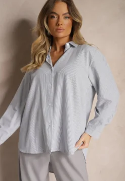 Granatowo-Biała Koszula Klasyczna w Delikatne Paseczki Arffia