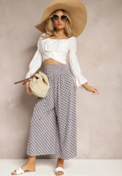 Granatowo-Białe Spodnie High Waist z Bawełny z Rozszerzanymi Nogawkami i Gumką Nereialla