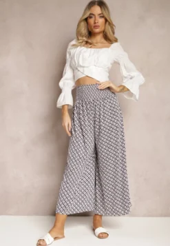 Granatowo-Białe Spodnie High Waist z Bawełny z Rozszerzanymi Nogawkami i Gumką Nereialla